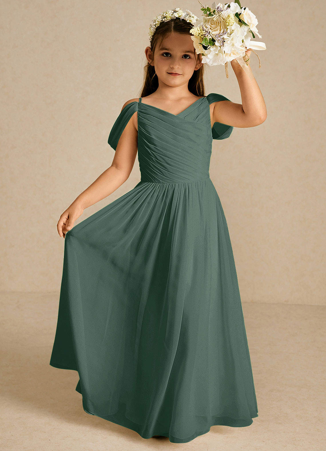 Azazie Chelle Flower Girl Dresses Sea Moss A-Line Pleated Chiffon Dress image1