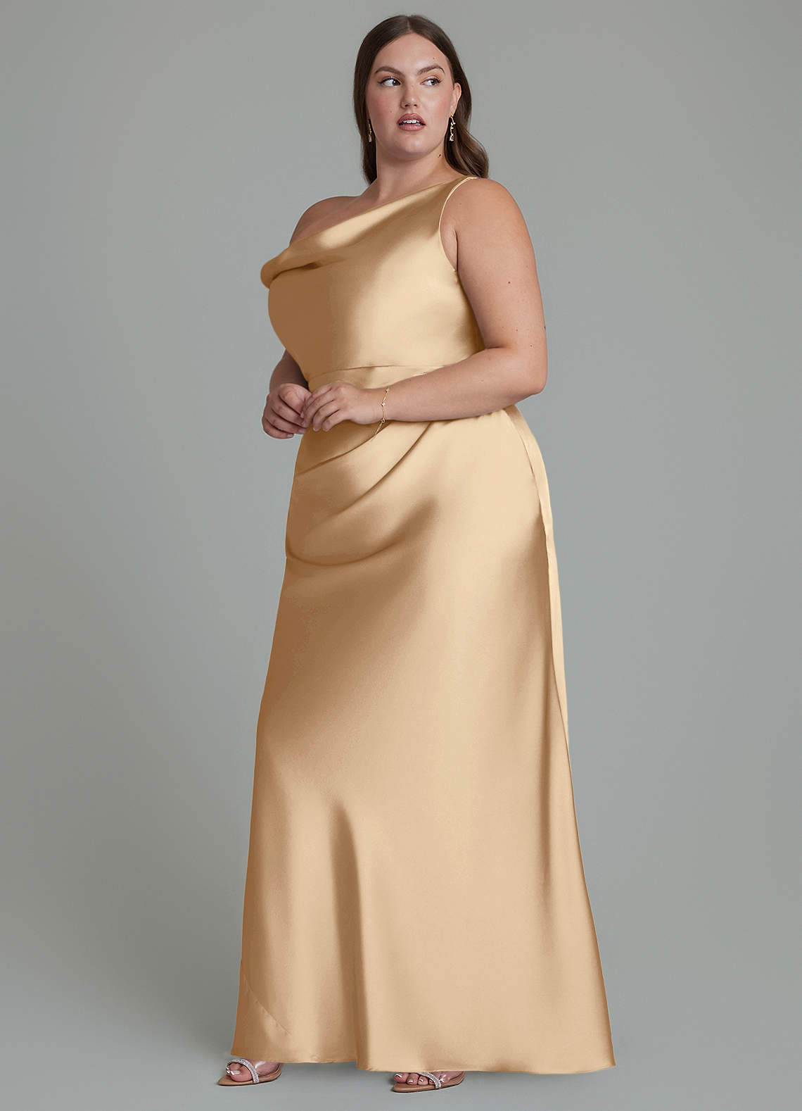Azazie Emerson Bridesmaid Dresses Champagne Mermaid Off the Shoulder Stretch Satin Dress image9