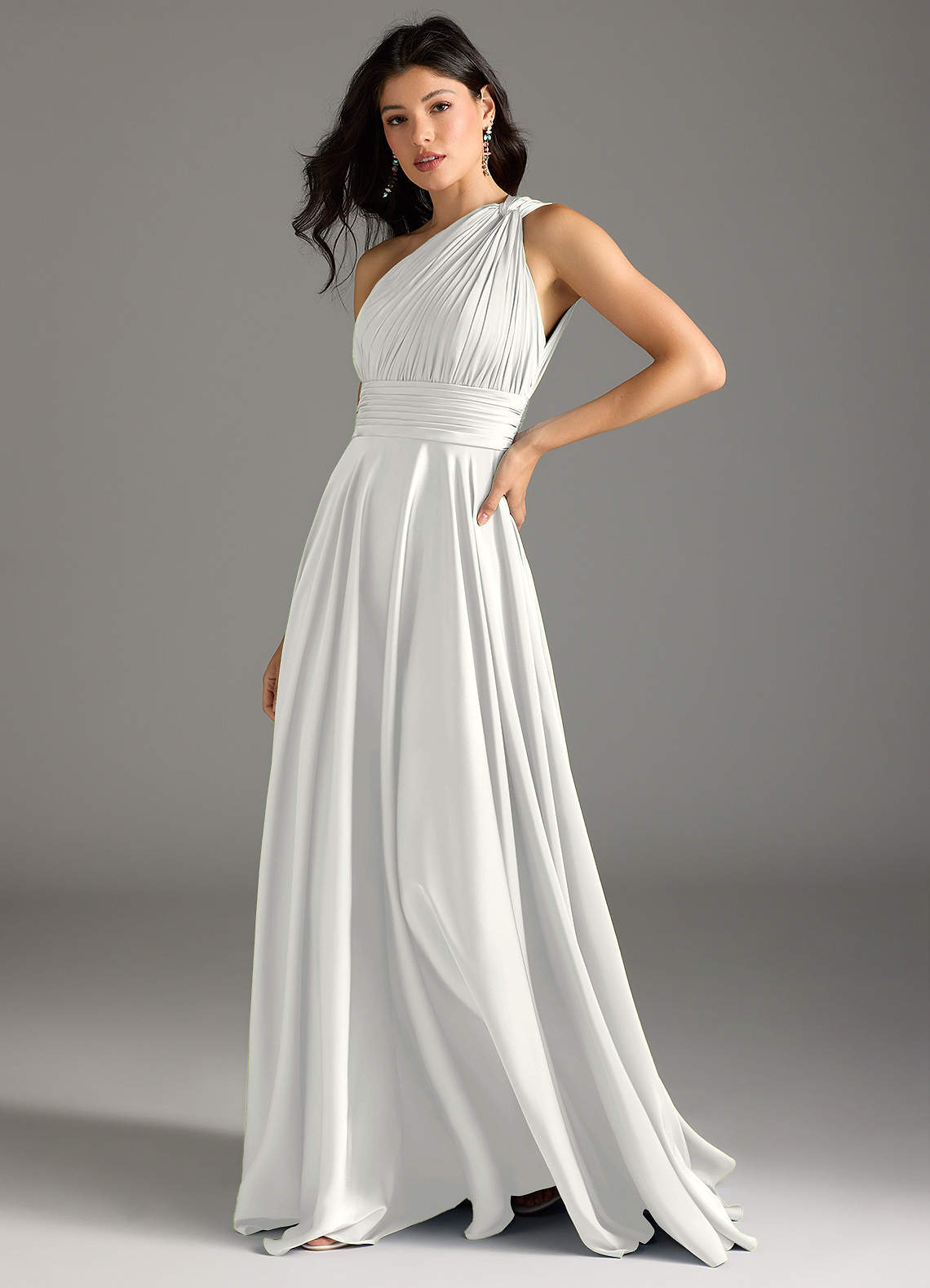 Azazie Charlize Abiti da Damigella Abito A-Line in Raso Elasticizzato Monospalla Bianco image3