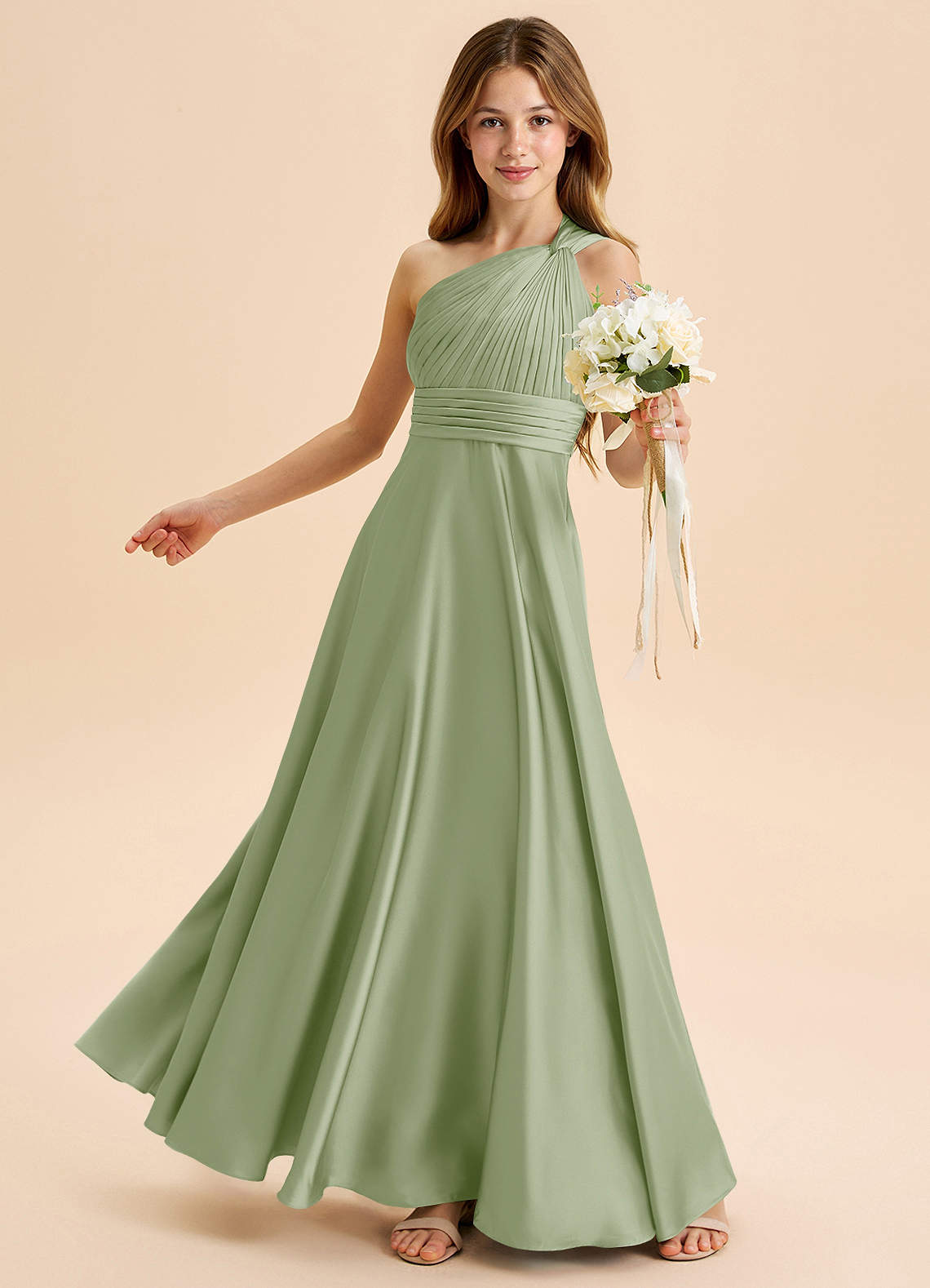 Azazie Charlize Junior Dusty Sage A-Line Pleated Stretch Satin Dress image3