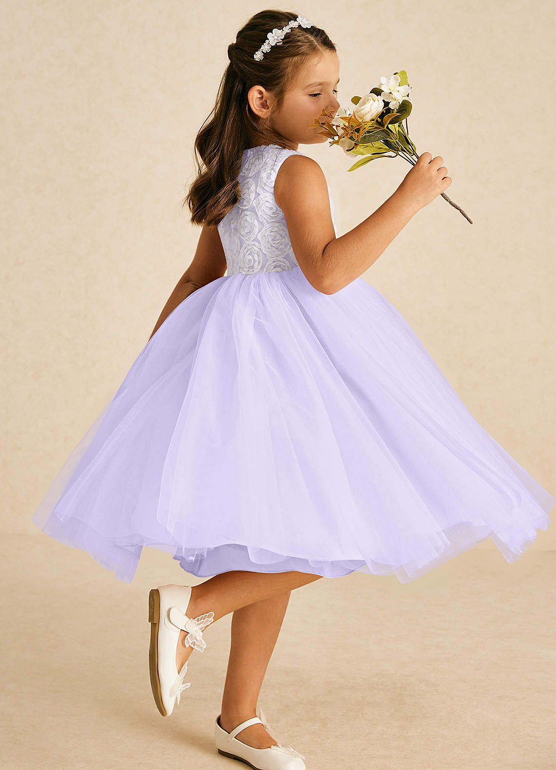 Azazie Missy Ivory Lilac A-Line Sleeveless Tulle Dress | Azazie