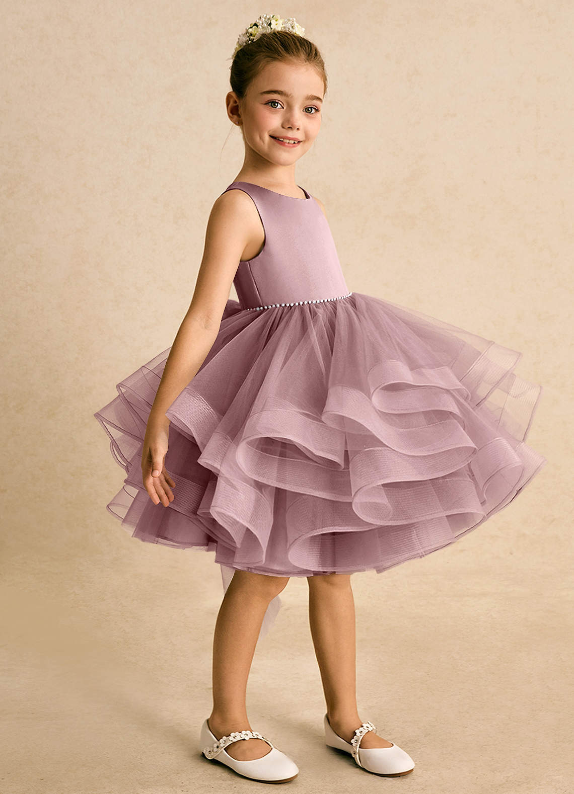 Azazie Tinie Flower Girl Dresses Dusty Rose Ball-Gown Bow Tulle Dress image3