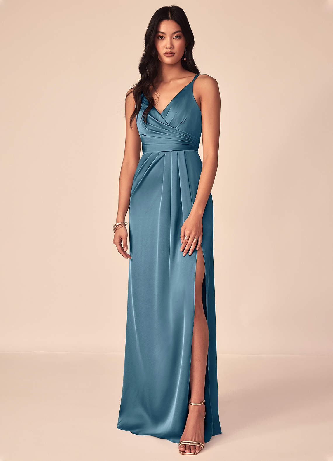 Azazie Aqua Bridesmaid Dresses Bermuda A-Line V-Neck Pleated Stretch Satin Dress image1