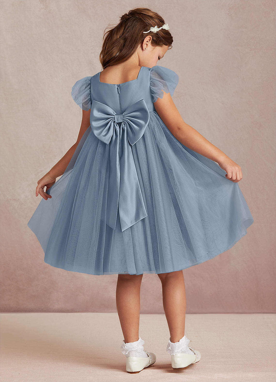 Azazie Kalio Flower Girl Dresses Dusty Blue A-Line with Sleeves Tulle Dress image1