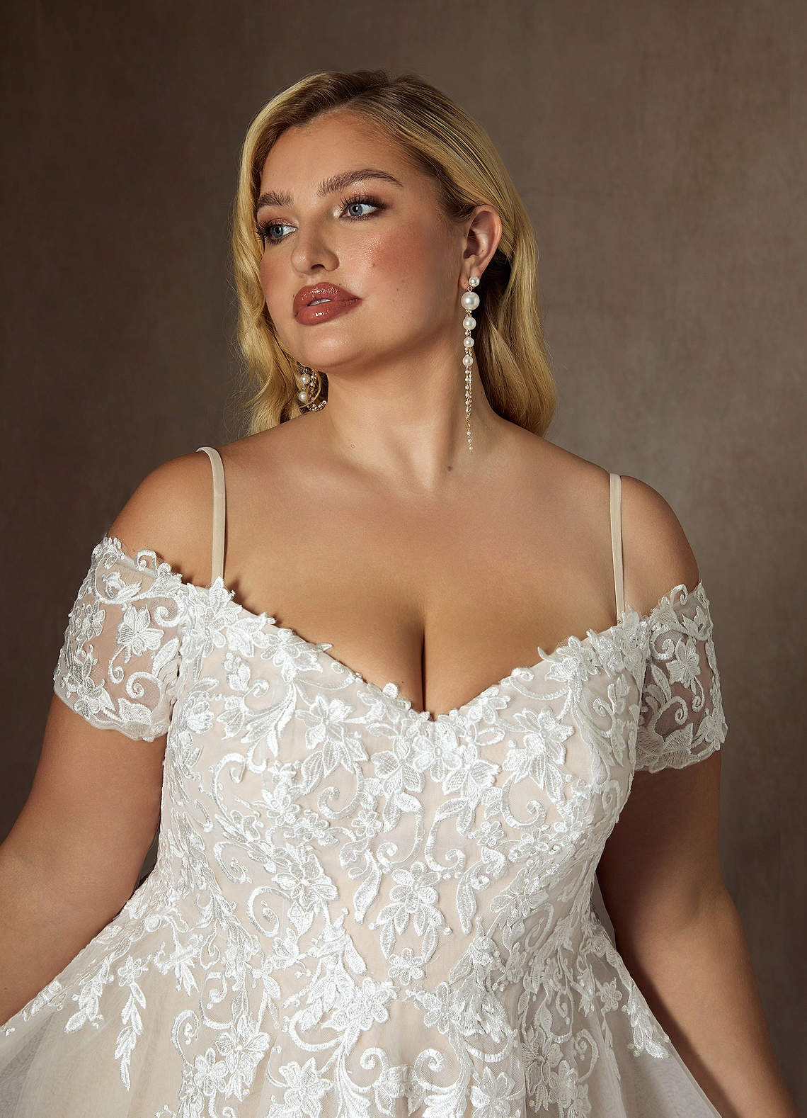 Azazie Rowe Wedding Dresses Diamond White Champagne Ball-Gown Off the Shoulder Tulle Dress image14