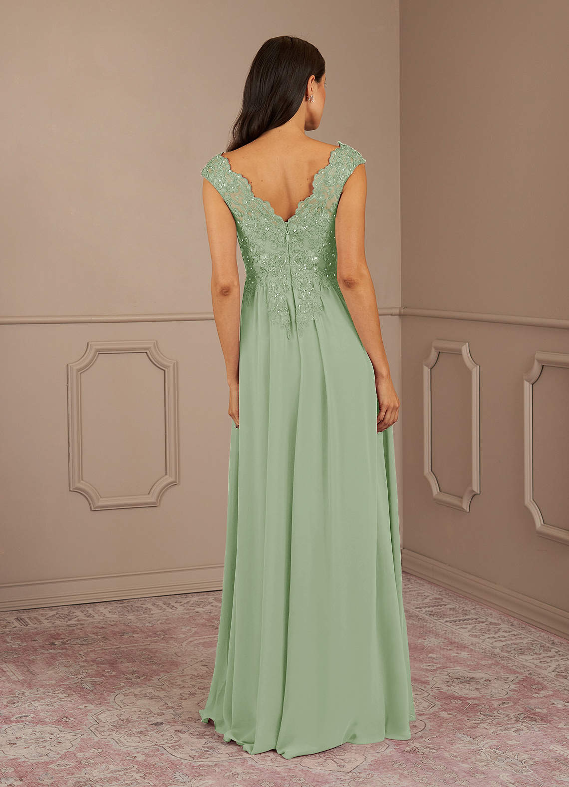 V-neck Chiffon Applique Waist Asymmetrical Dress Dusty Sage