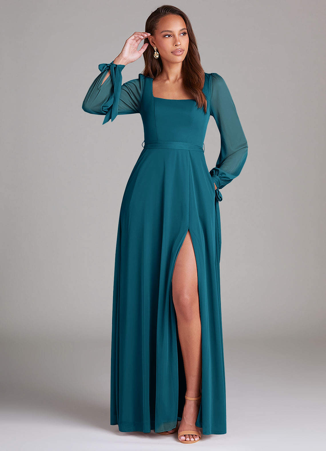 Azazie Leonia Bridesmaid Dresses Ink Blue A-Line Long Sleeve Mesh Dress image1