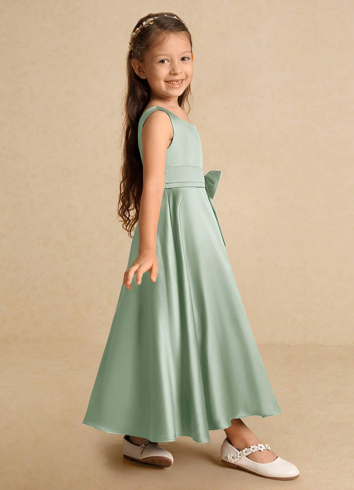 Azazie Lindy Flower Girl Dresses Agave A-Line Pleated Matte Satin Dress image5