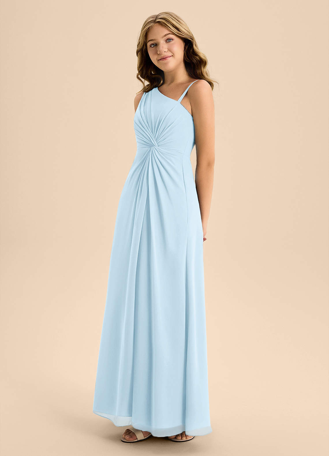 Azazie Brooke Junior Abito A-Line in Chiffon Spacco Laterale Azzurro image5