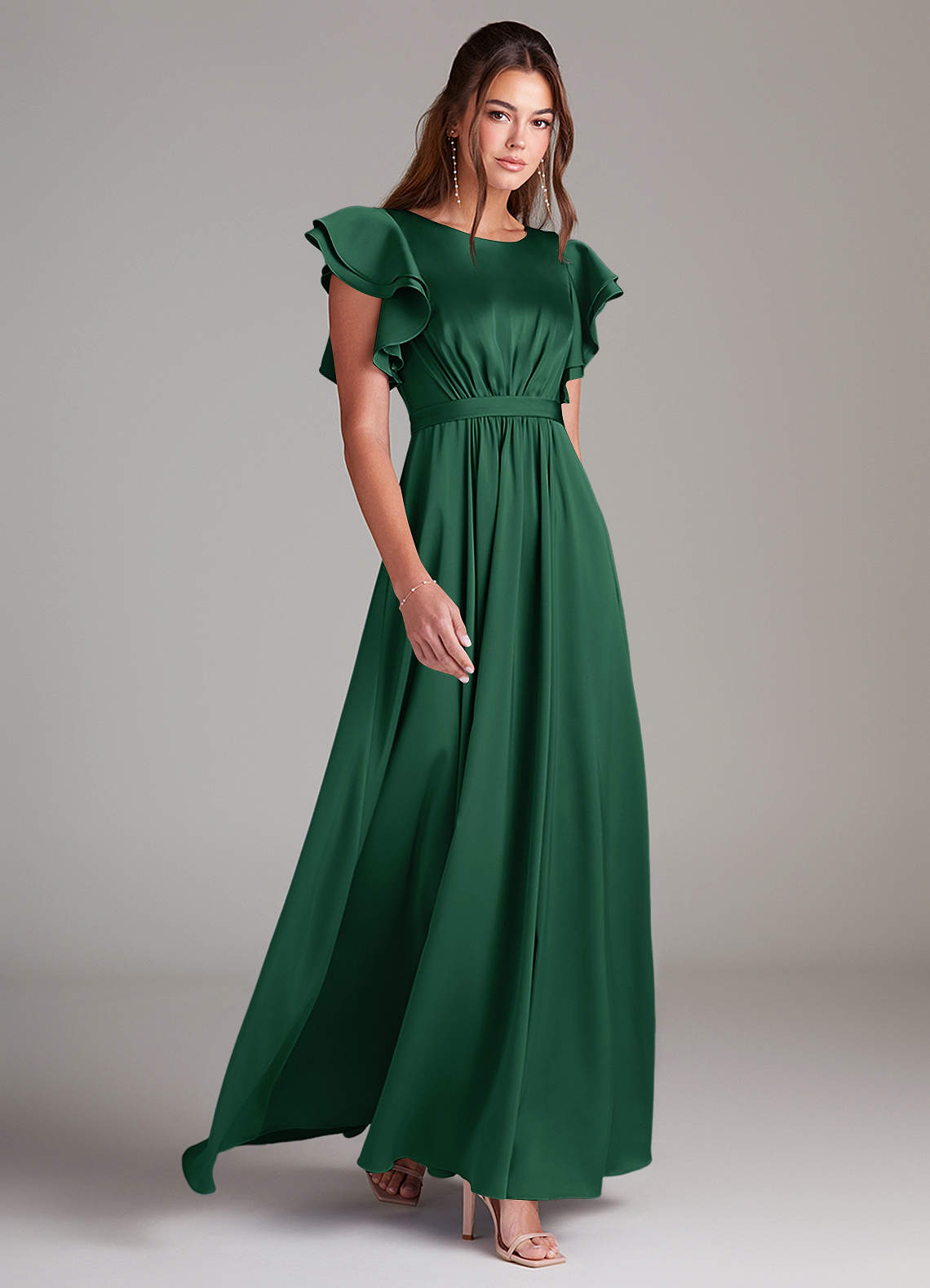 slim fit dress slacks Cowl Neck Green Satin A-Line Formal Dress with Slit,Modest Prom Dress –  Simplepromdress main image 1