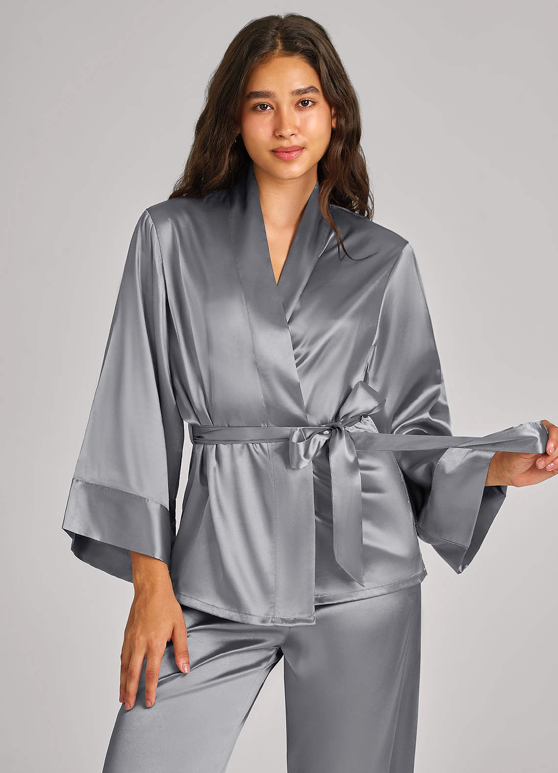 front Matching Color Satin Wrap Front Belted PJ Set