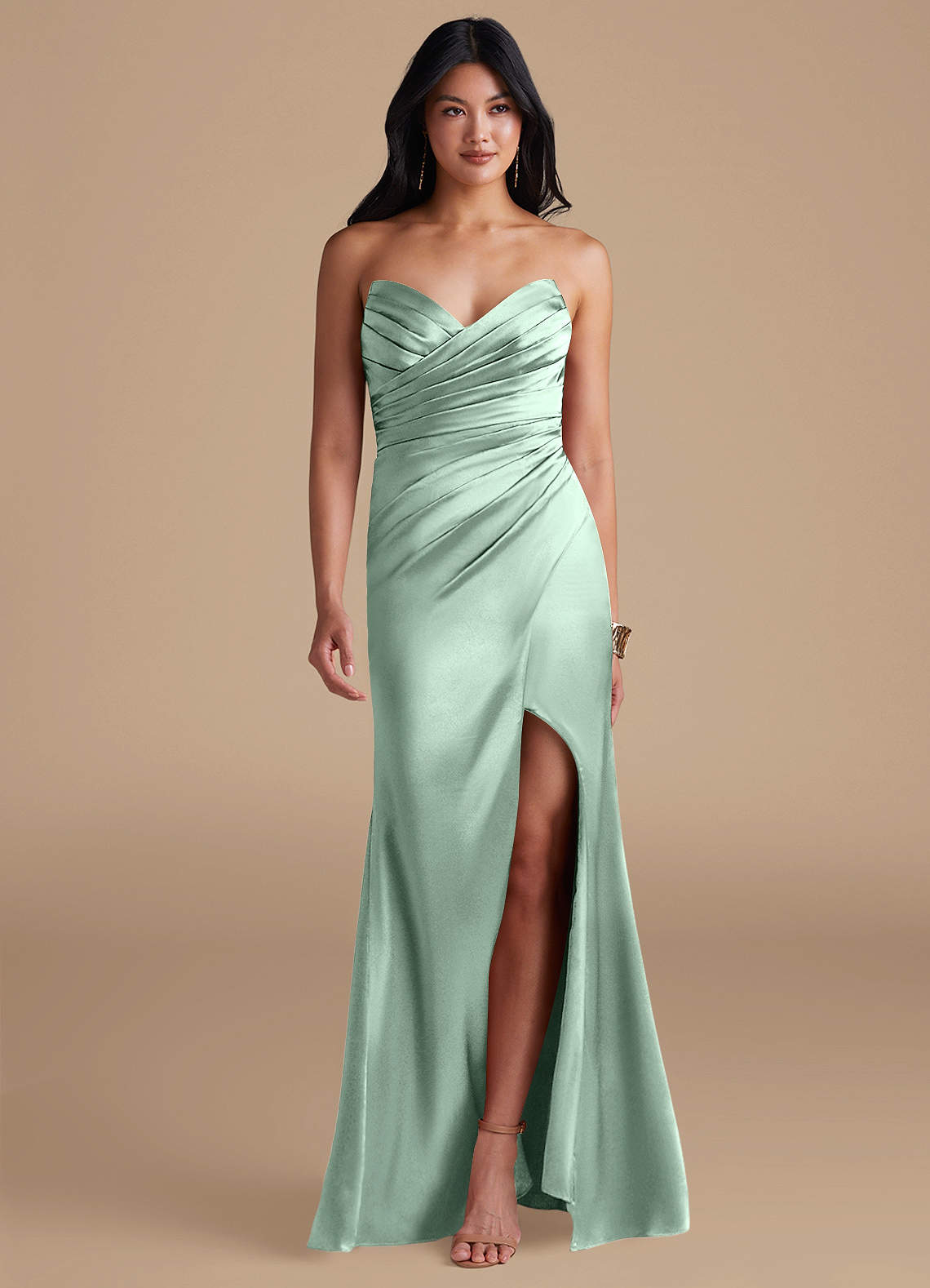 Azazie Yola Bridesmaid Dresses Agave Sheath Pleated Metallic Satin Dress image1