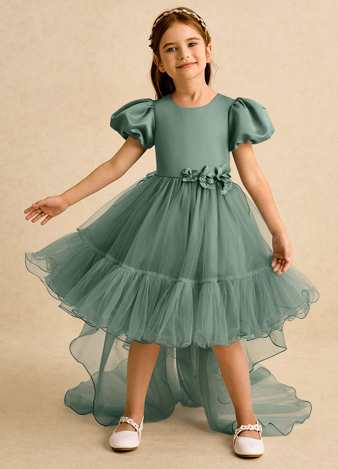 Azazie Cocoa Abiti da Ragazza di Fiori Abito Principessa in Tulle Plissettato Eucalipto image1