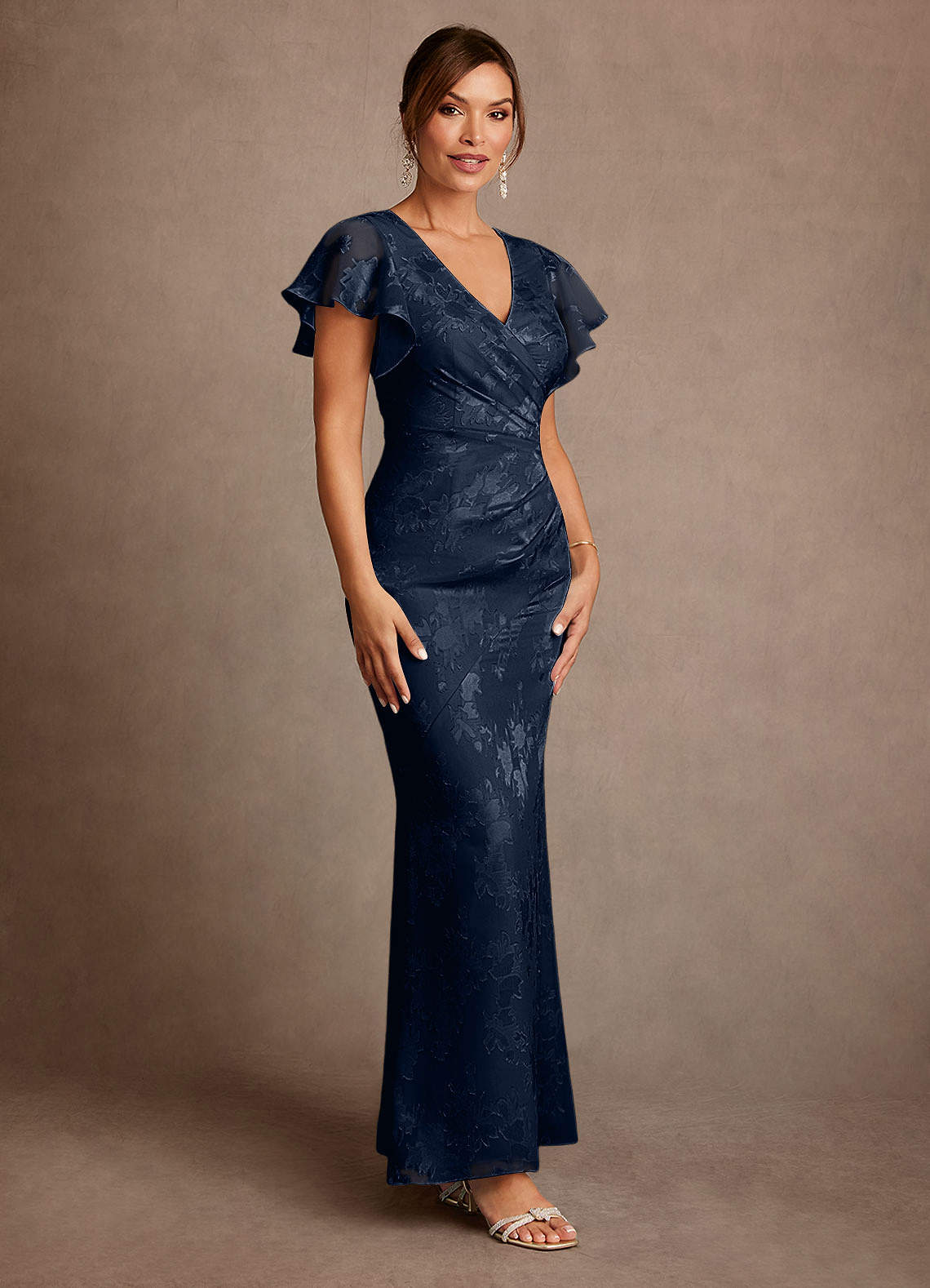 Azazie Dorina Dark Navy Sheath Pleated Floral Jacquard Dress Ready
