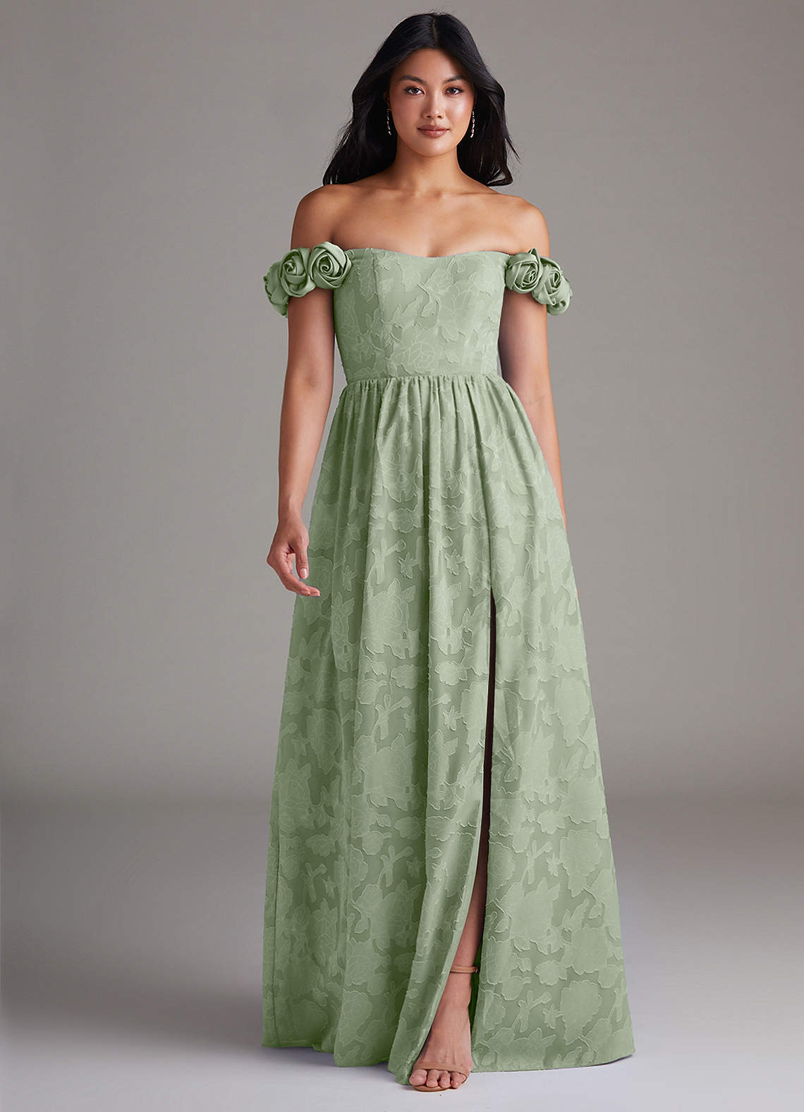 Azazie Autumn Bridesmaid Dresses Dusty Sage A-Line Off the Shoulder Floral Burnout Convertible Dress image1