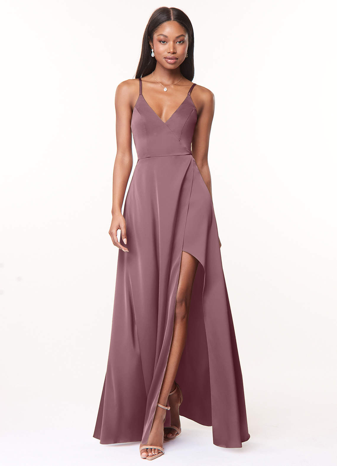 Azazie A-Line V-Neck Floor-Length Stretch Satin Bridesmaid Dresses