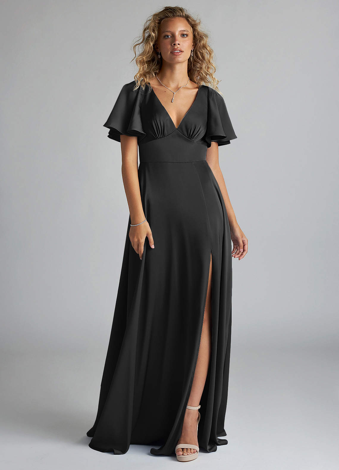 Azazie Kimber Bridesmaid Dresses Black A-Line Ruched Stretch Satin Dress image2