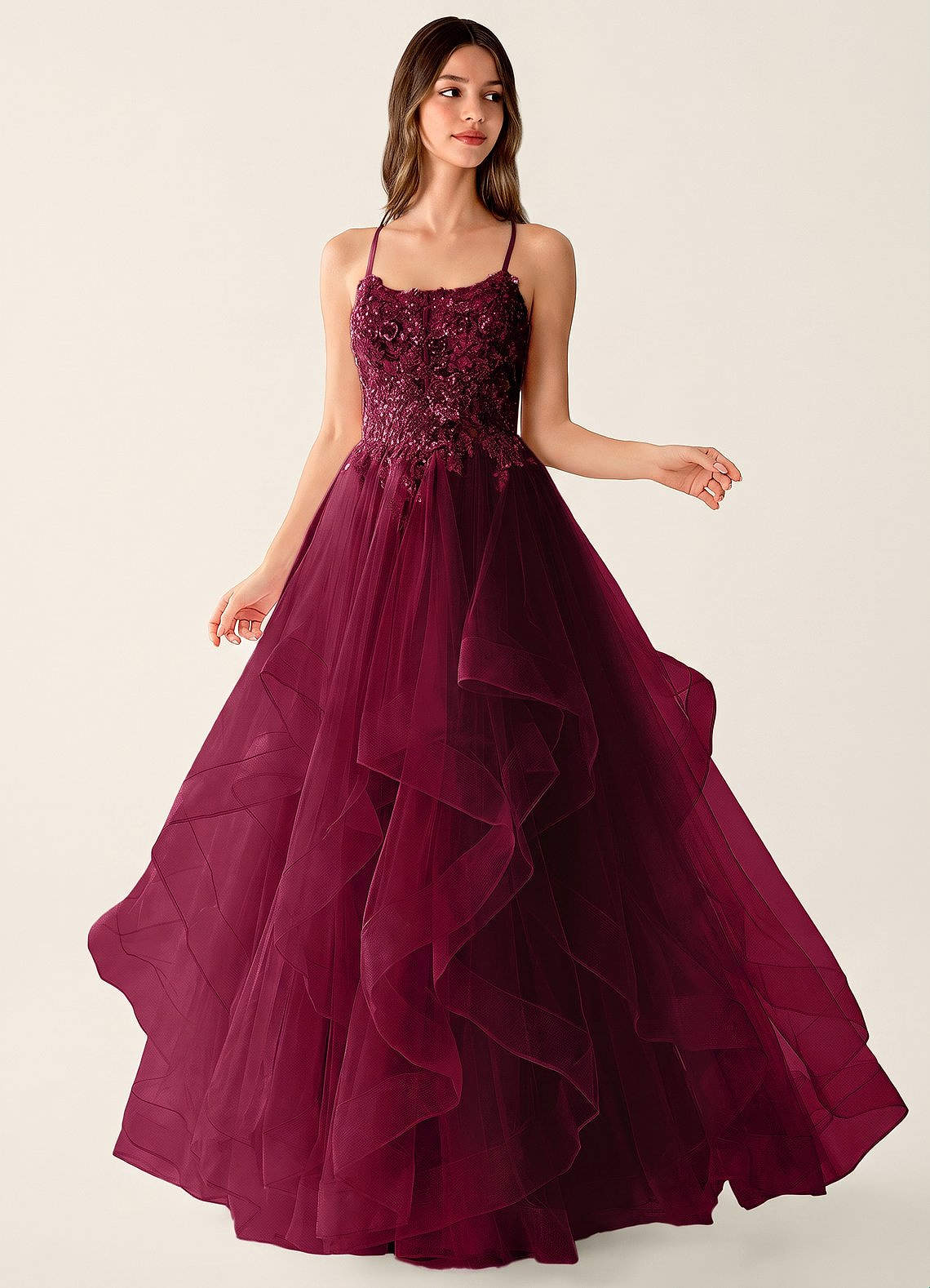 burgundy ruffle prom dress Mosaic Color:Butter Yellow Baroque Floral 24 Model Notes beyond dress.  hoco dresses BABARONI Chiffon Sky Blue