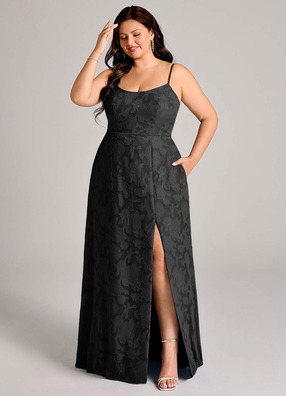 Azazie Moira Bridesmaid Dresses Black A-Line Side Slit Floral Burnout Dress image6