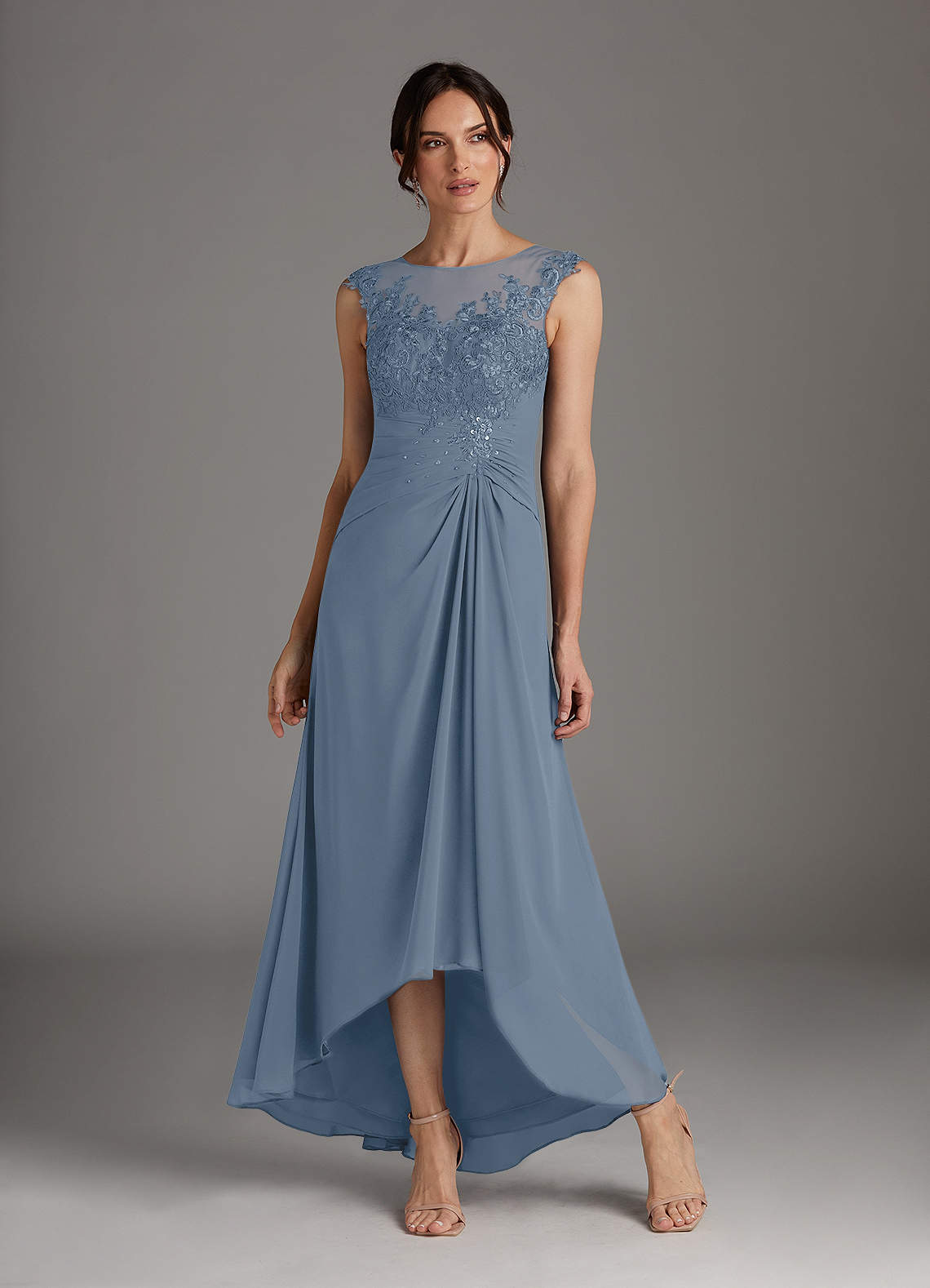 Azazie Endora Mother of the Bride Dresses Dusty Blue A-Line Scoop Lace Chiffon Dress image1