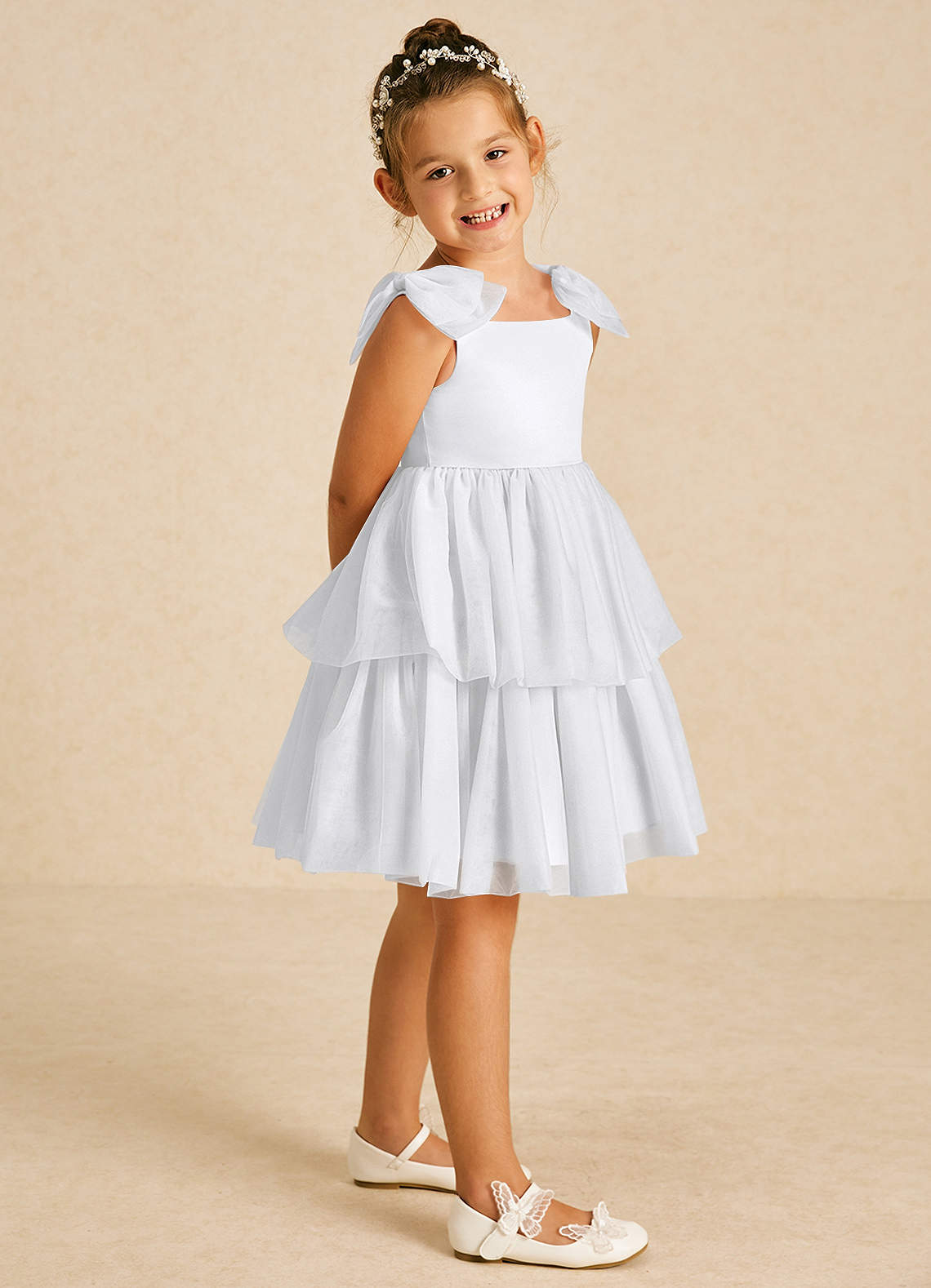Azazie Vanellope White A-Line Bow Tulle Dress | Azazie DE