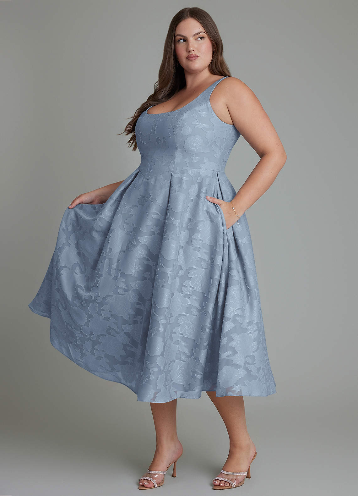 Azazie Amalie Bridesmaid Dresses Dusty Blue A-Line Pleated Floral Burnout Dress image9