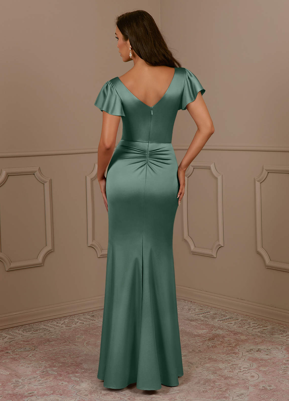 Azazie Roya Mother of the Bride Dresses Eucalyptus Mermaid V-Neck Pleated Stretch Satin Dress image3