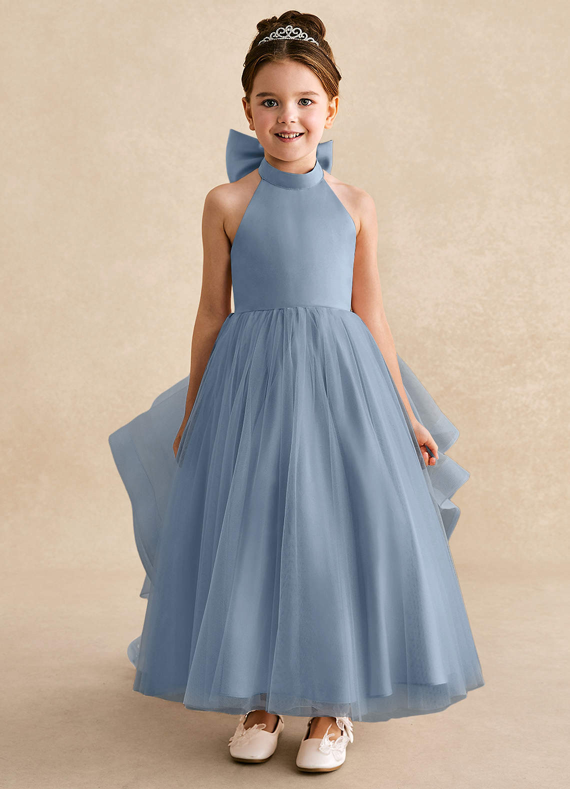 Azazie Bev Flower Girl Dresses Dusty Blue A-Line Convertible Tulle Dress image2