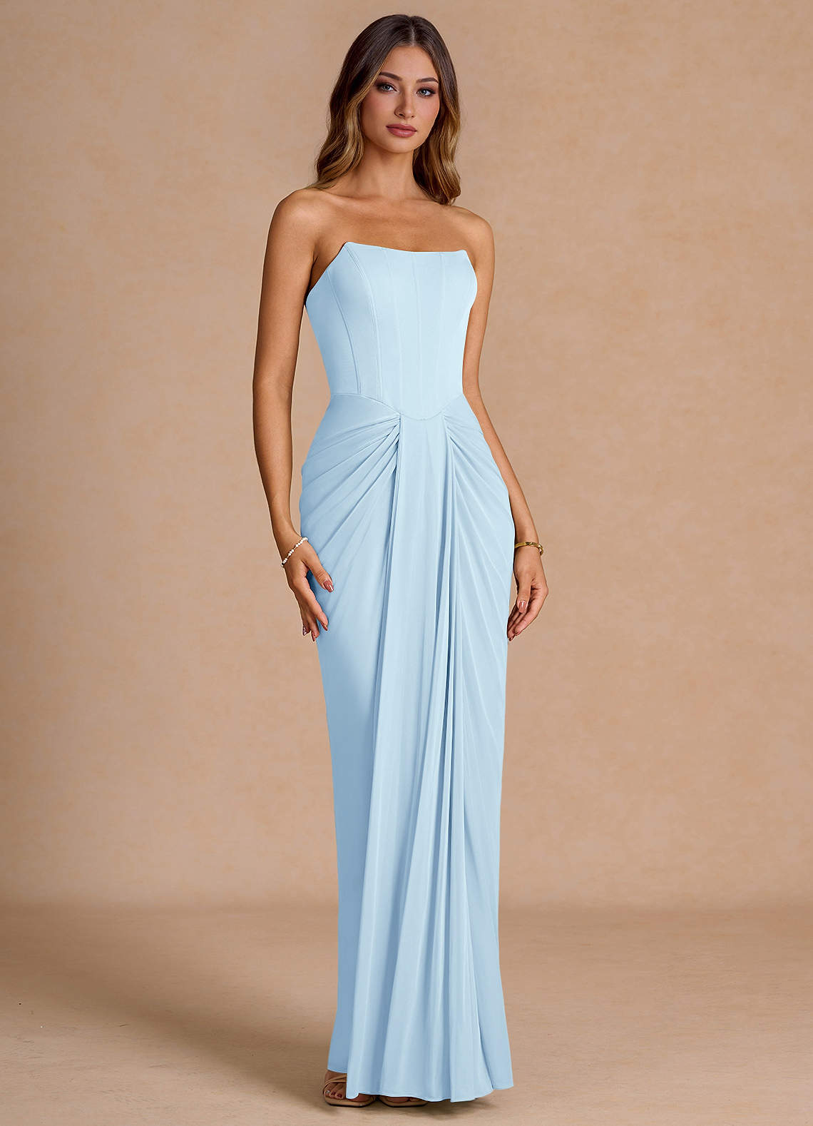 Azazie Strapless Column Floor-Length Maxi Wedding Guest Formal Dresses In Sky Blue
