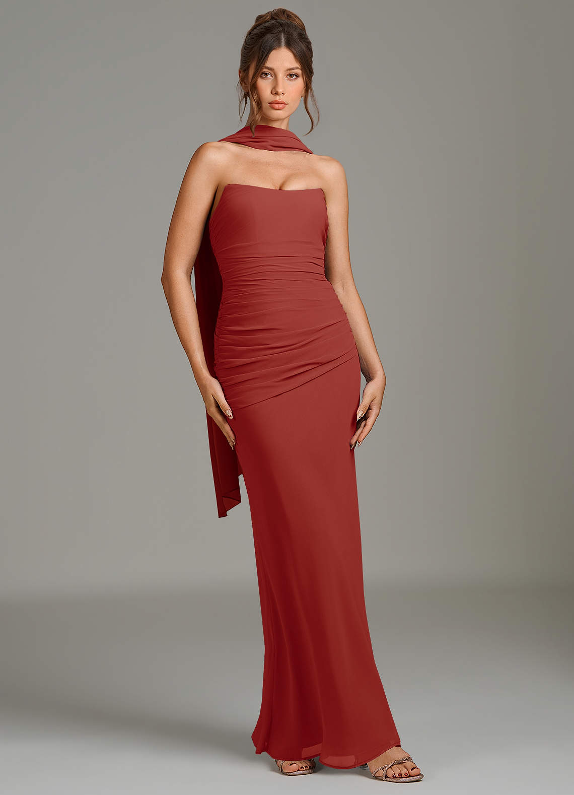 terracotta bridesmaid dresses KissProm Sweetheart Long Sleeve A-Line Dress in Terracotta, / 8 length skirt KissProm V-Neck Ruched A-Line Velvet