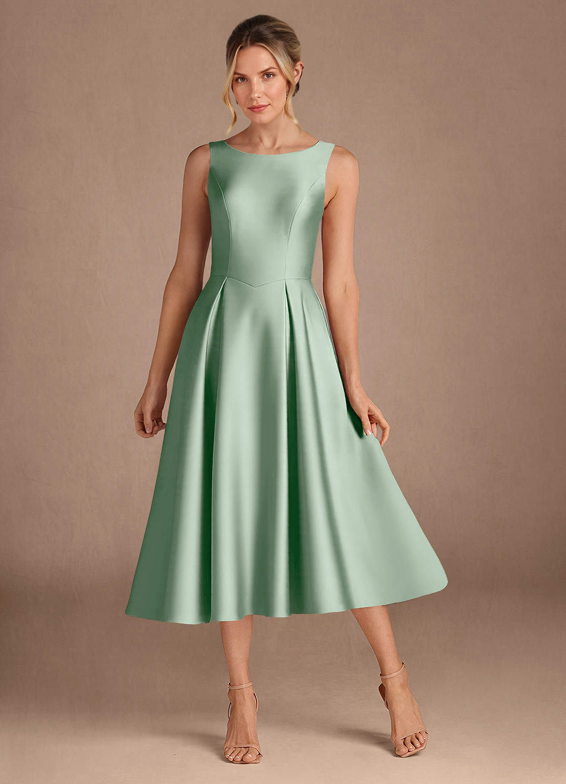 Azazie Fulton Agave A-Line Pleated Stretch Satin Dress | Azazie