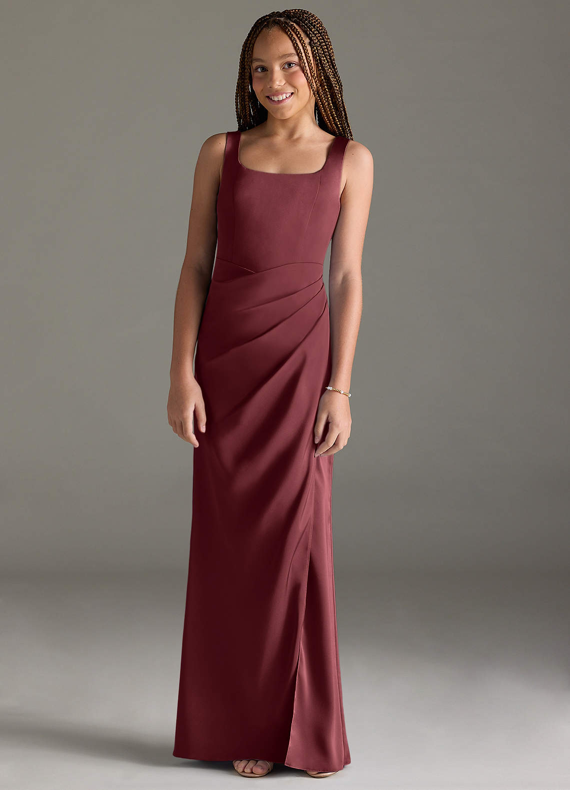 Azazie Mero Junior Merlot Mermaid Pleated Stretch Satin Dress image1
