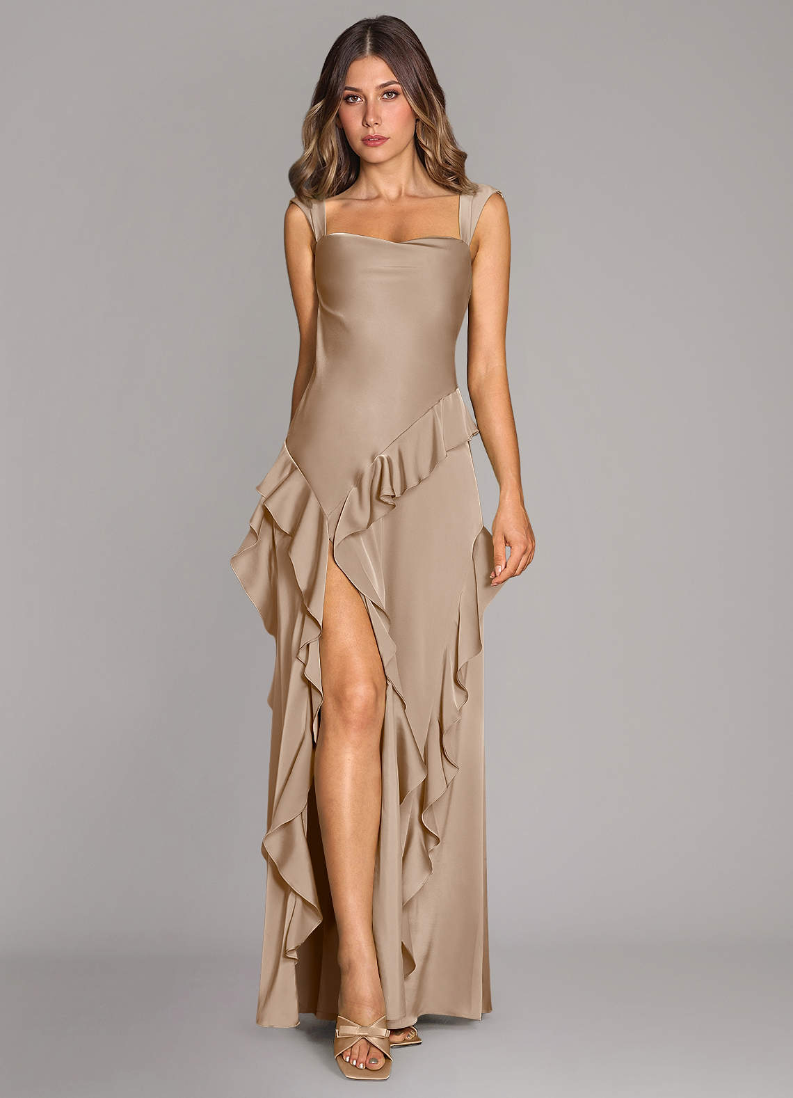 Azazie Sloane Bridesmaid Dresses Taupe A-Line Sweetheart Neckline Stretch Satin Dress image1