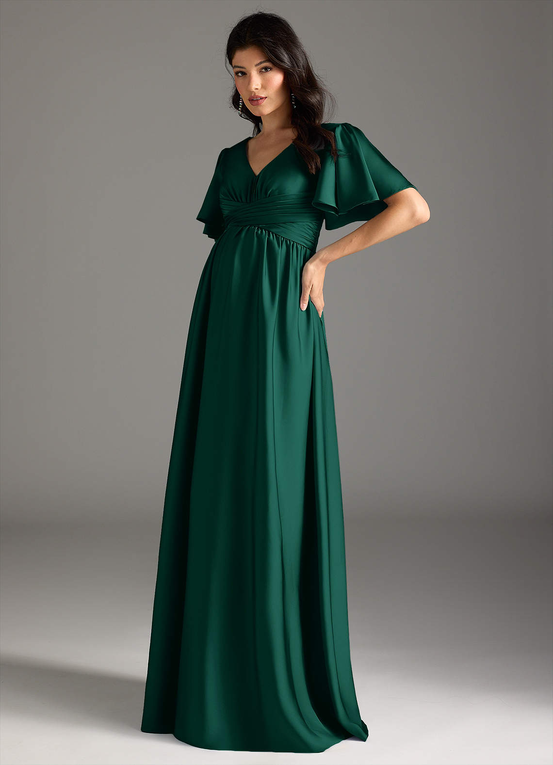 Azazie Verna Maternity Bridesmaid Dresses A-Line Ruched Stretch Satin Floor-Length Dress image3