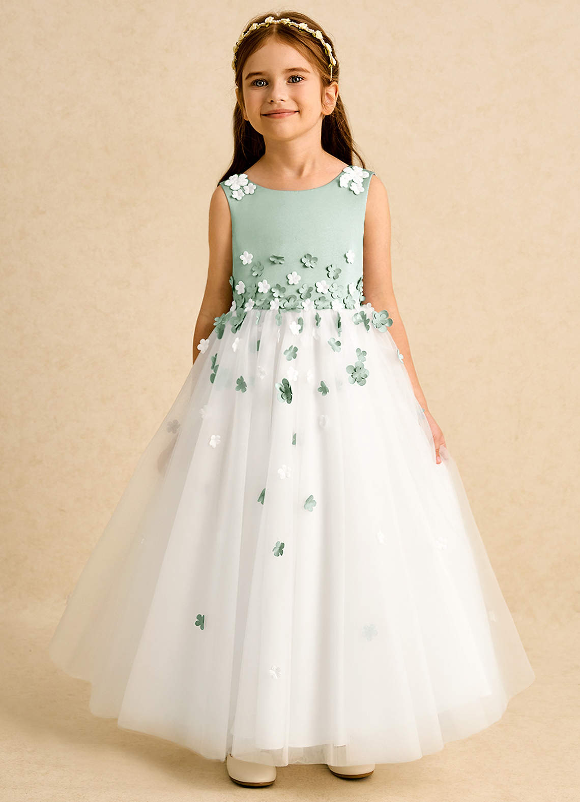 Azazie Eleni Blumenmädchenkleider Ballkleid Schleifen Tüll Kleid Elfenbein Agave image1
