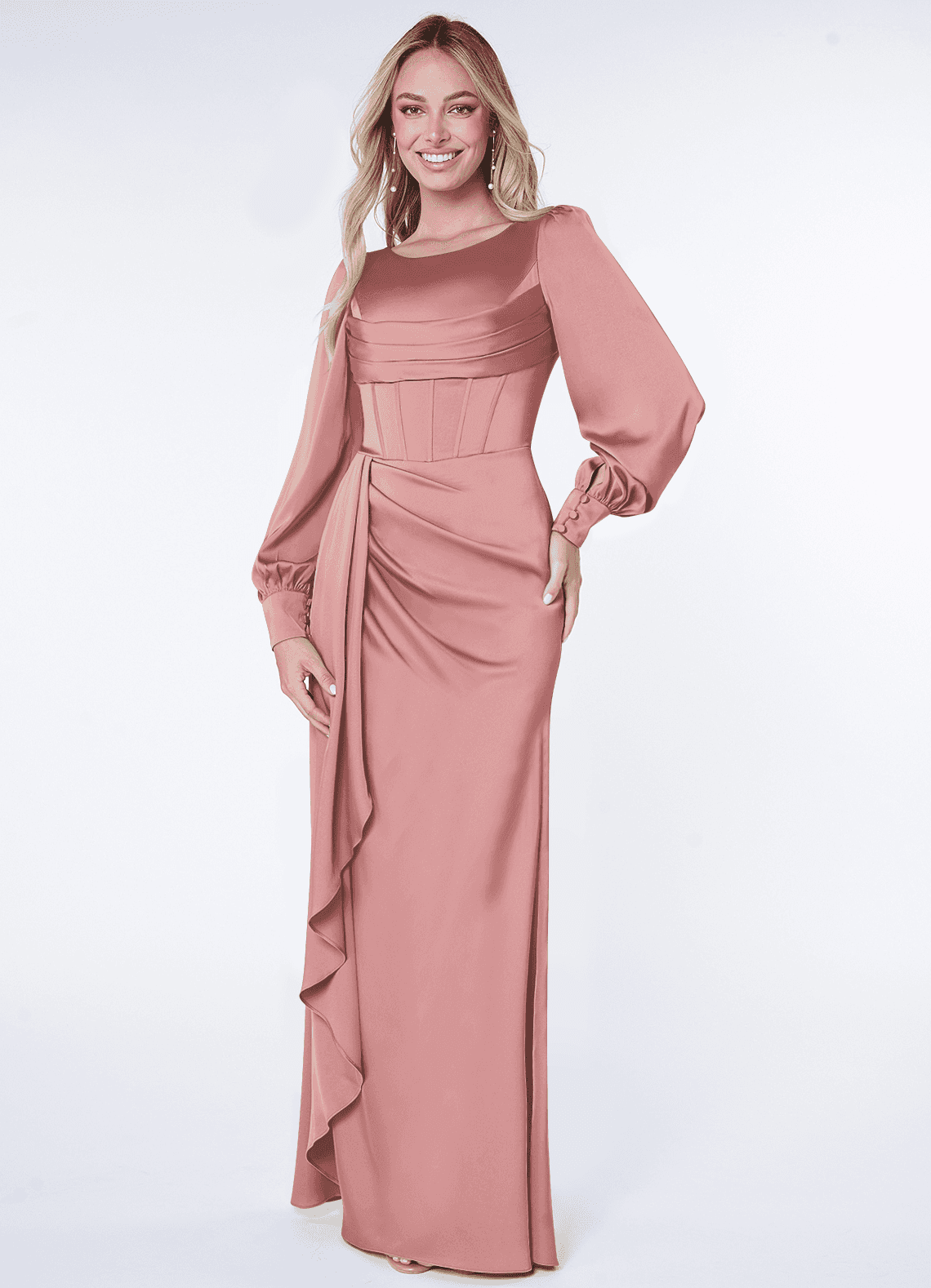 Azazie Raye Bridesmaid Dresses Dusty Rose Mermaid Long Sleeve Stretch Satin Dress image1