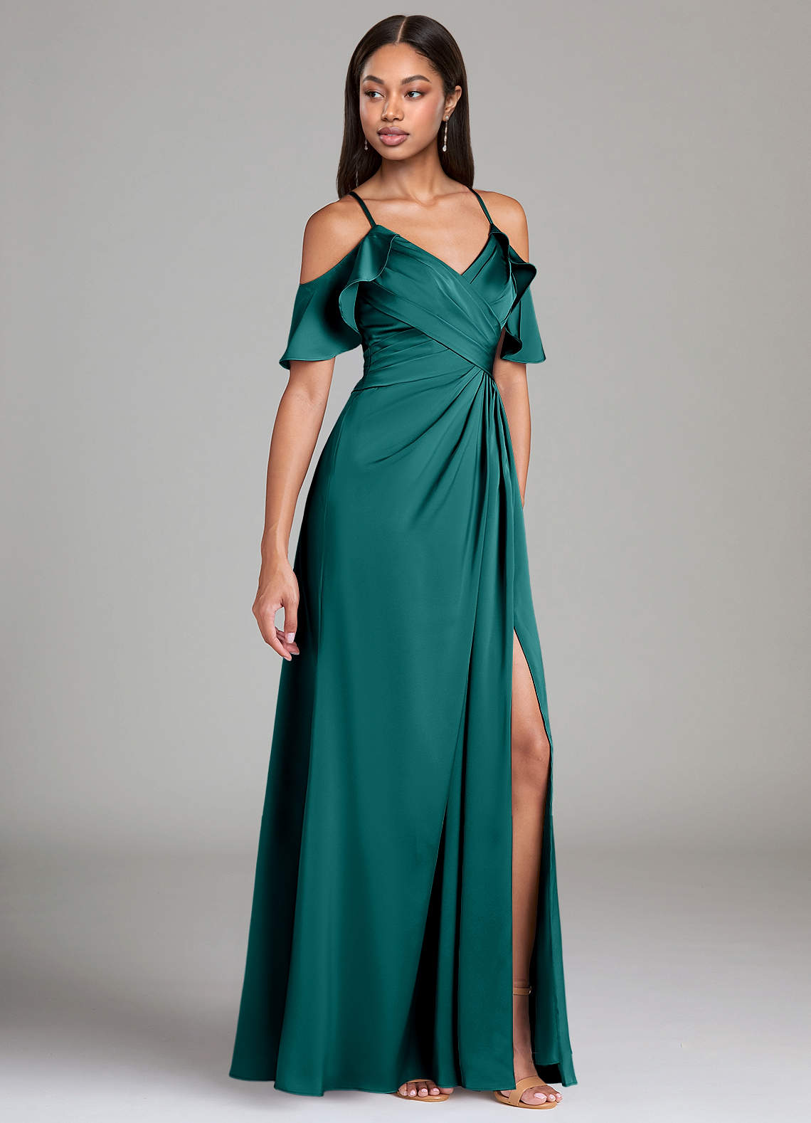Azazie Dakota Bridesmaid Dresses Peacock A-Line Off the Shoulder Stretch Satin Dress image1