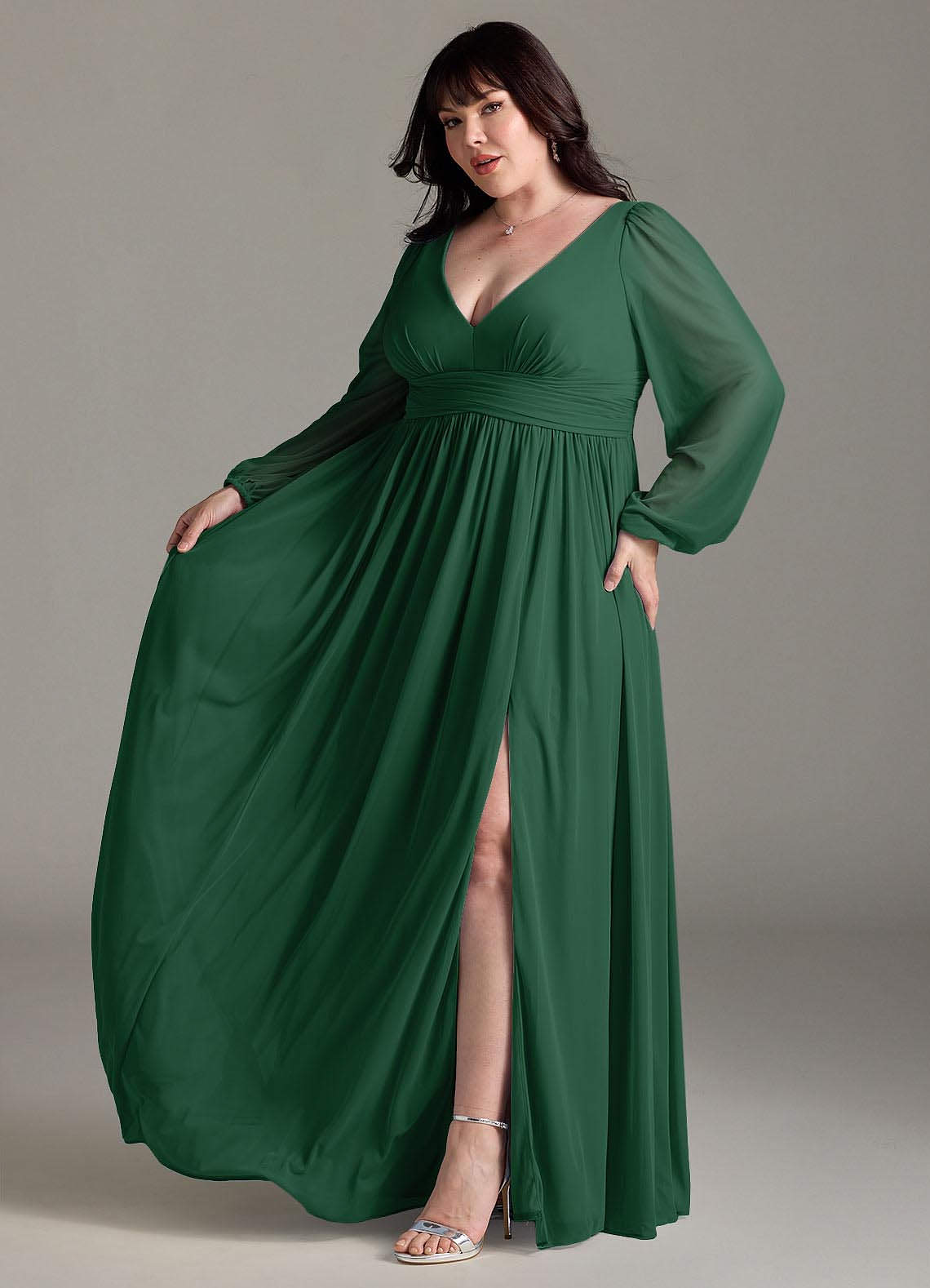 Azazie Norah Bridesmaid Dresses Dark Green A-Line V-Neck Long Sleeve Chiffon Dress image9