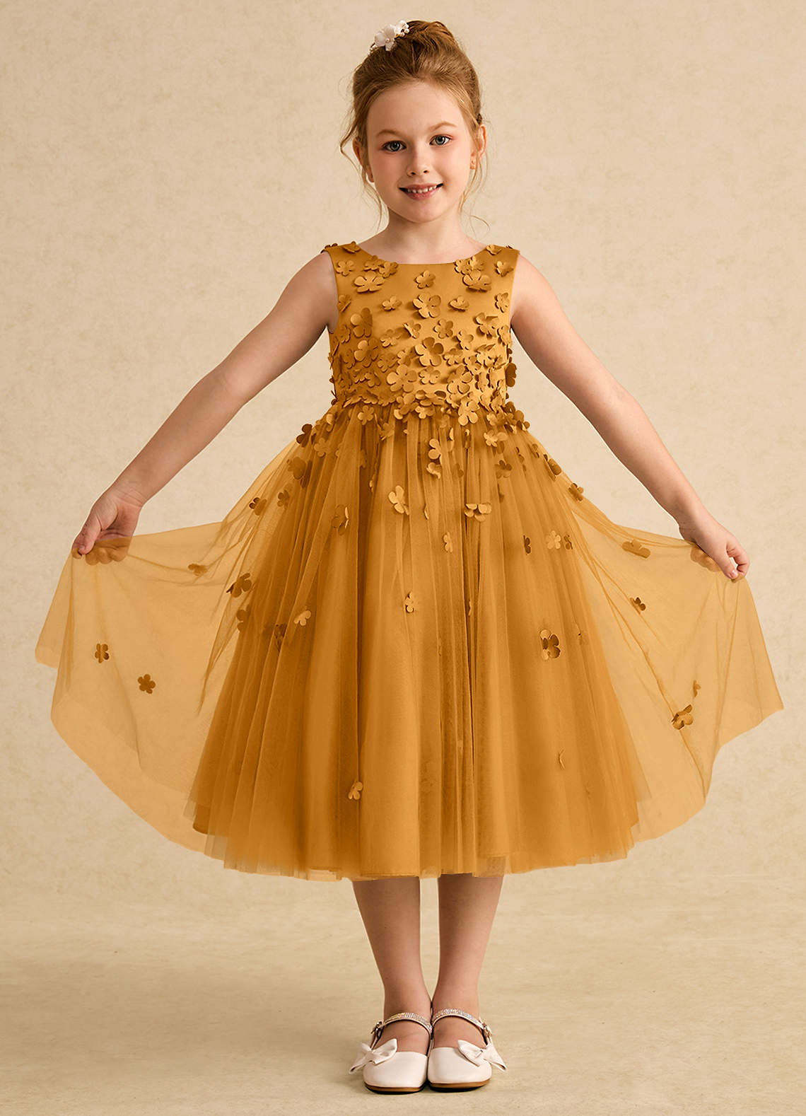 Azazie Lana Flower Girl Dresses Butterscotch A-Line Sleeveless Matte Satin Dress image1