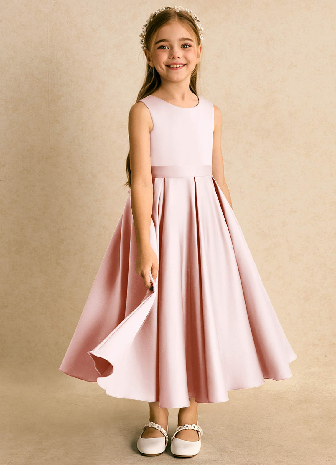 Azazie Junebuj vestidos de niña de las flores Vestido de Rosa Rubor de Satin Mate de Princesa con Plisado image1
