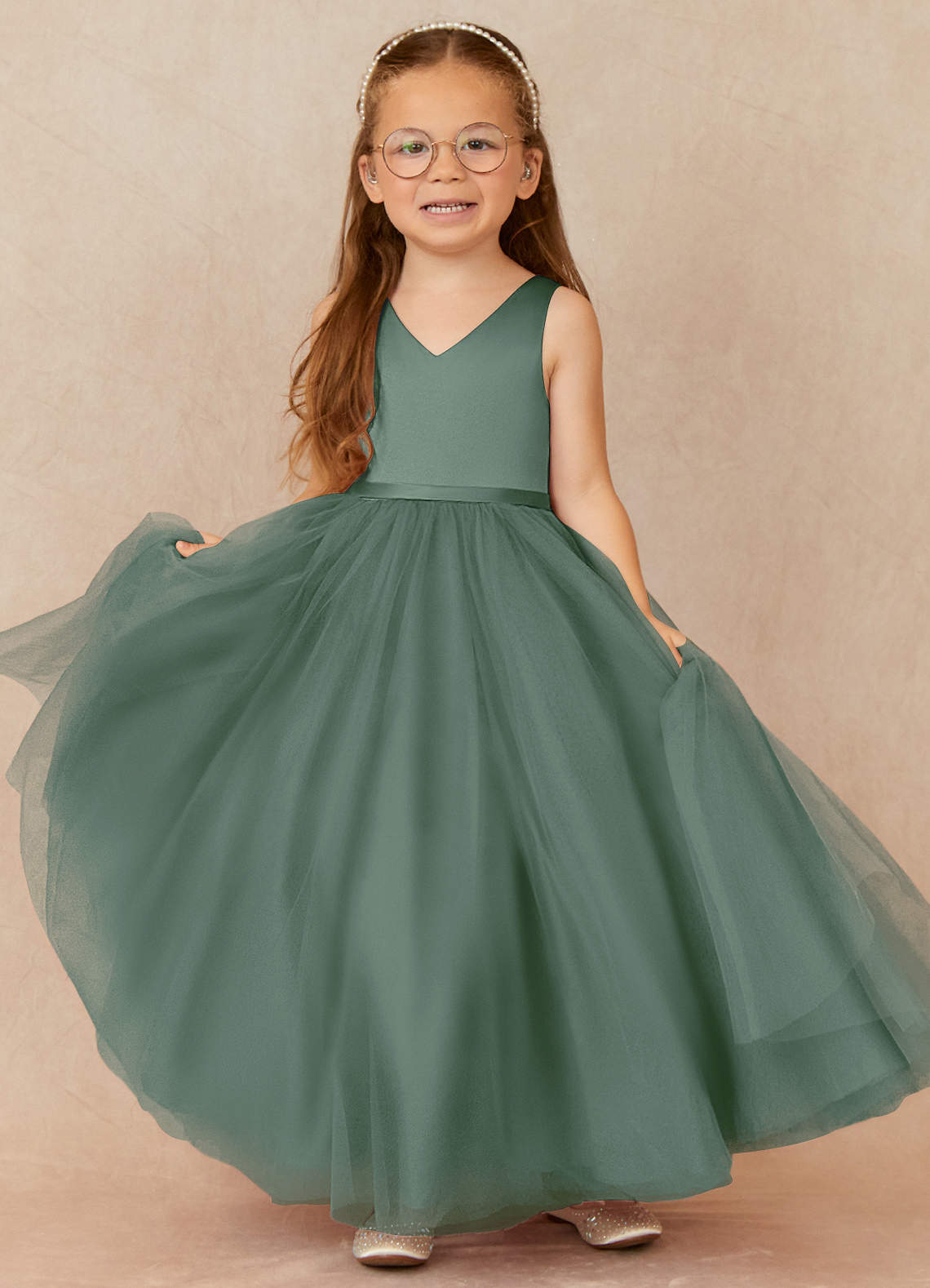 Azazie Marybell Flower Girl Dresses Eucalyptus A-Line Bow Tulle Dress image1