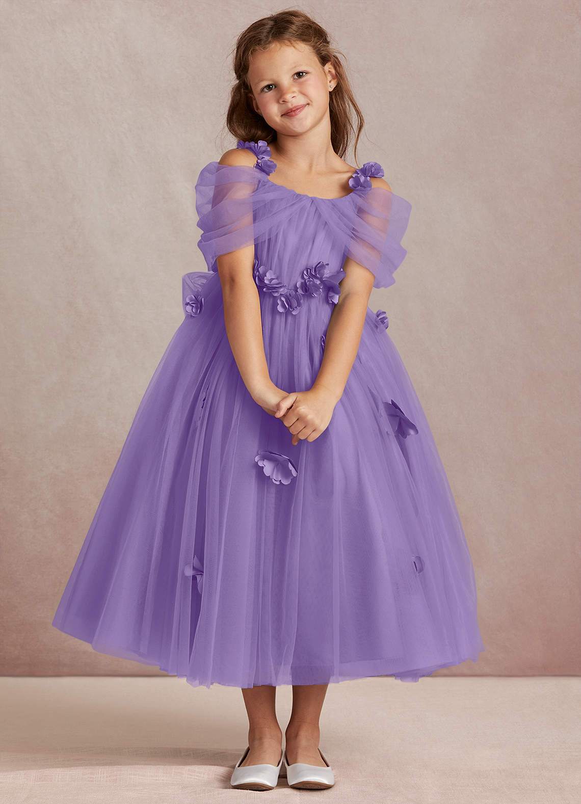 Azazie Shaylee Flower Girl Dresses Tahiti A-Line Off the Shoulder Tulle Dress image1