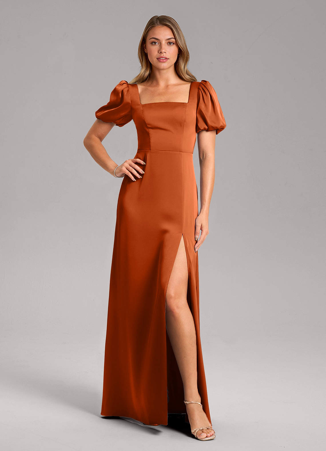 Azazie Fyona Bridesmaid Dresses Burnt Orange A-Line Pleated Stretch Satin Dress image1