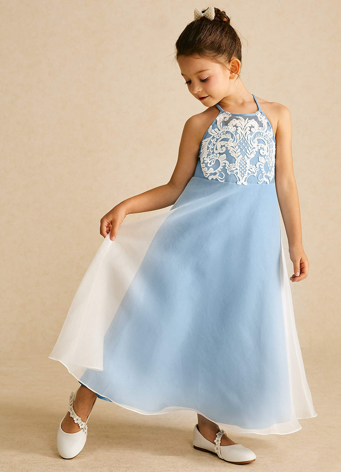 Azazie Ladybug Blumenmädchenkleider A-Linie Spitze Organza Kleid Stahlblau image1
