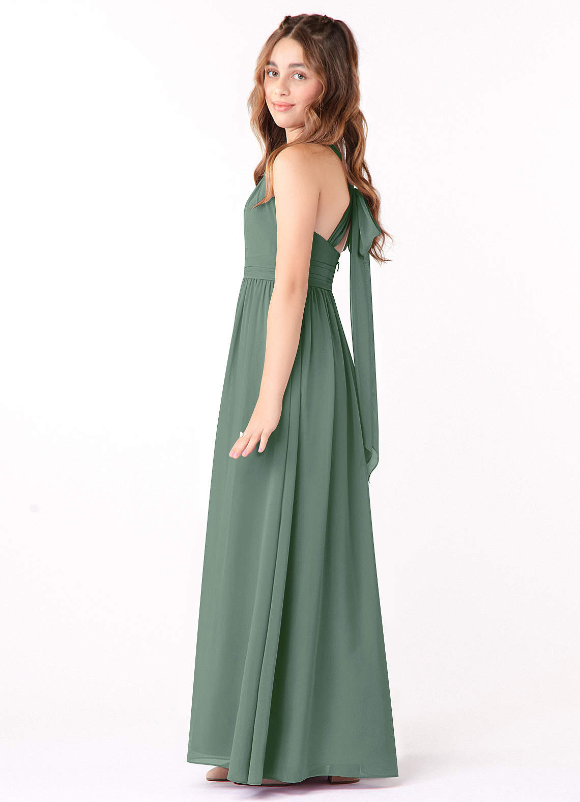 Azazie Jaylah Junior Eucalyptus A-Line Ruched Chiffon Dress image1