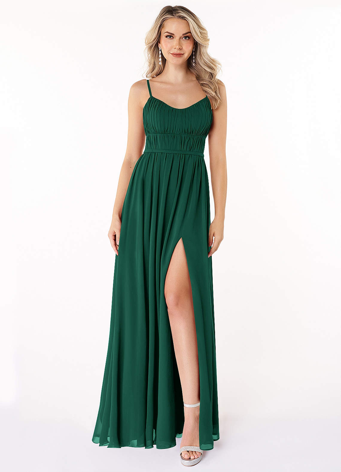 Azazie Yanelie Bridesmaid Dresses Emerald A-Line Scoop Pleated Chiffon Dress image1