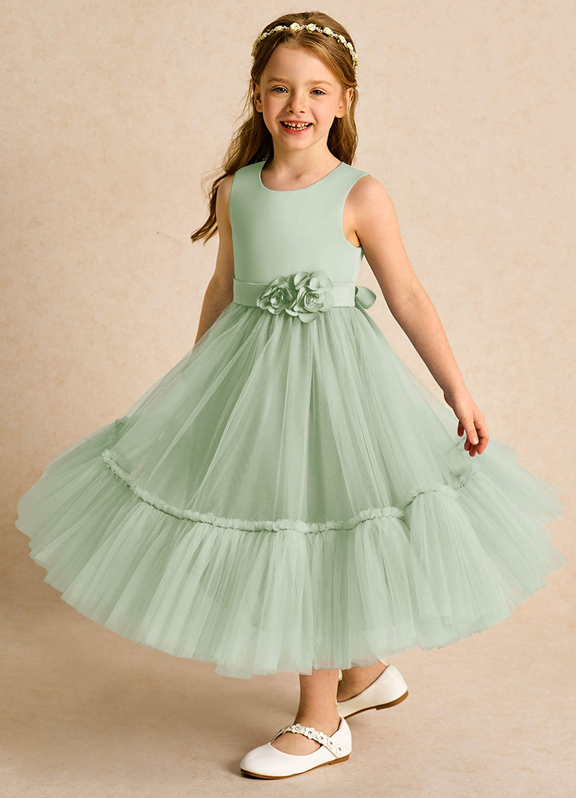 Azazie Miracle Flower Girl Dresses Dusty Sage A-Line Bow Matte Satin Dress image3