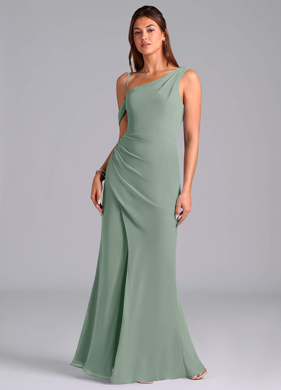 Azazie Madelyn At-home Try On Dresses Agave Mermaid One Shoulder Chiffon Convertible Dress image3