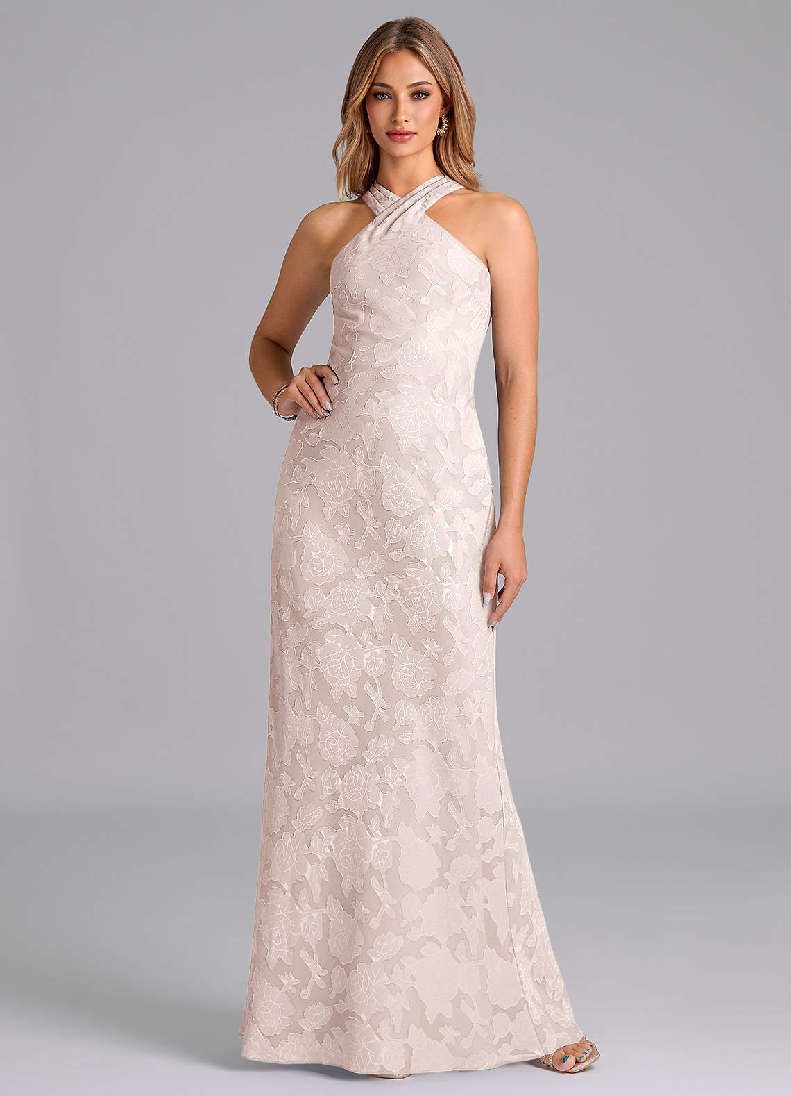 Azazie Doretta Bridesmaid Dresses Blushing Pink Mermaid Pleated Floral Burnout Dress image1
