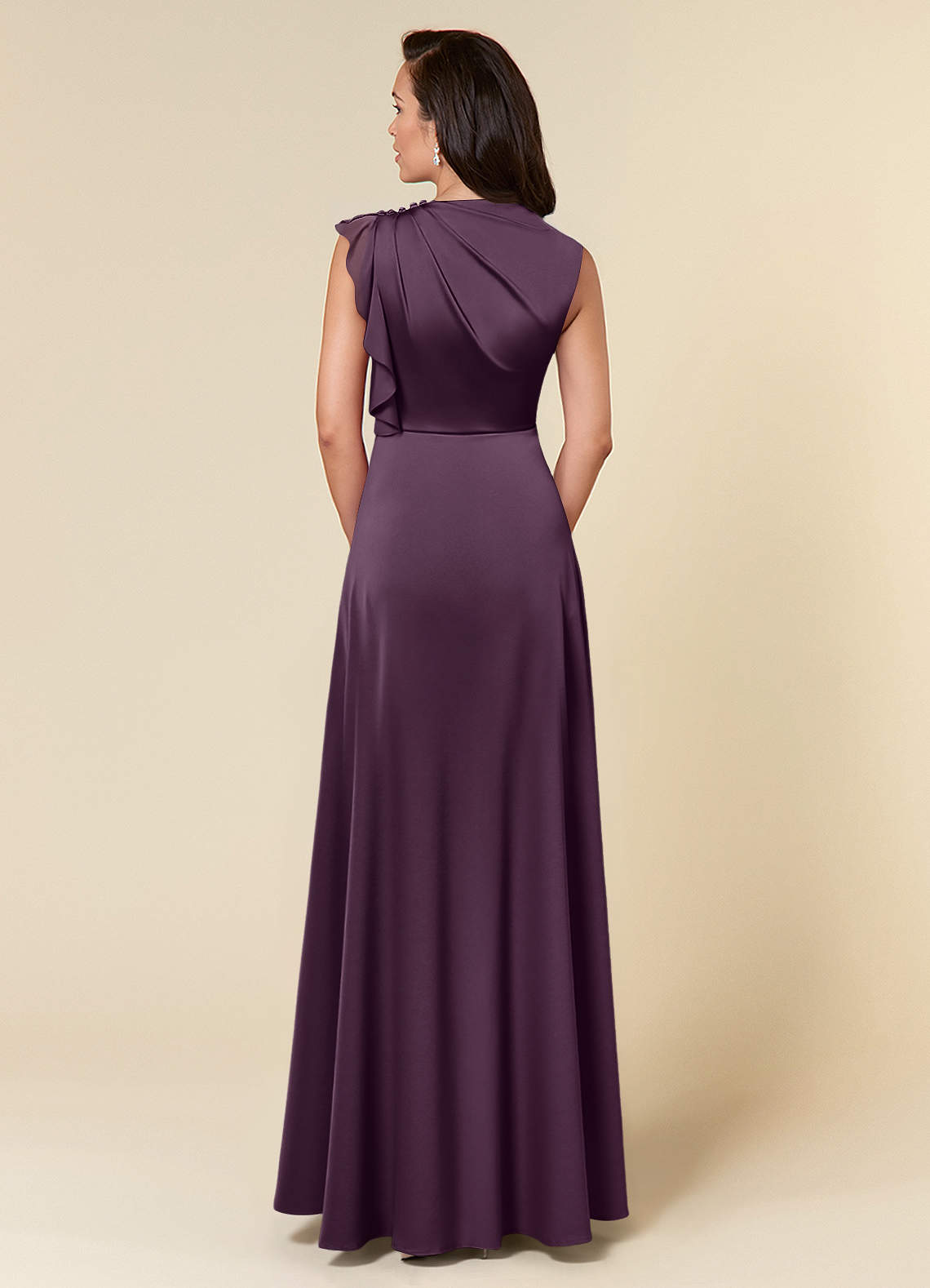 Azazie Narine Mother of the Bride Dresses Plum A-Line High Neckline Pleated Stretch Satin Dress image4